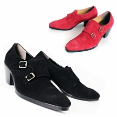 For men, 5083 cowhide suede, 7cm high-heel, double-monk strap belted, handmade western shoes, 2 colors