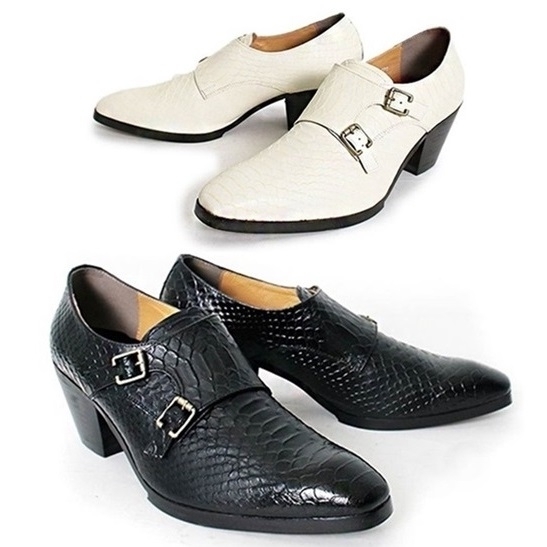 For men, 5083 anaconda leather pattern cowhide, 7cm high-heel, double monk-strap belted, handmade western shoes, 2 colors