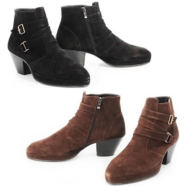 For men, 5047 cowhide suede, inward zipper, platform 7cm high-heel, cross strap buckle belted, handmade western ankle boots, 2 colors