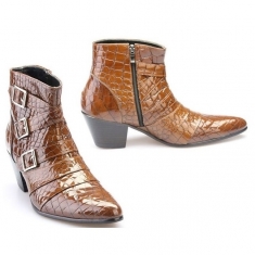 For men, 5044 brown snake leather pattern cowhide, inward zipper, pumps 7cm high-heel, 3 buckle belted, handmade western ankle boots