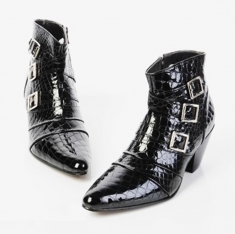 For men, 5044 black snake leather pattern cowhide, inward zipper, pumps 7cm high-heel, 3 buckle belted, handmade western ankle boots