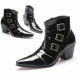 For men, 5044 cowhide black glossy leather, inward zipper, pumps 7cm high-heel, 3 buckle belted, handmade western ankle boots