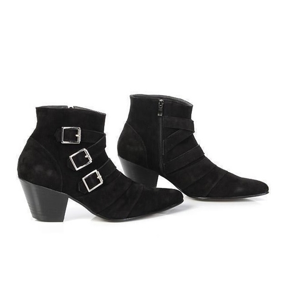 For men, 5044 cowhide black suede, inward zipper, pumps 7cm high-heel, 3 buckle belted, handmade western ankle boots