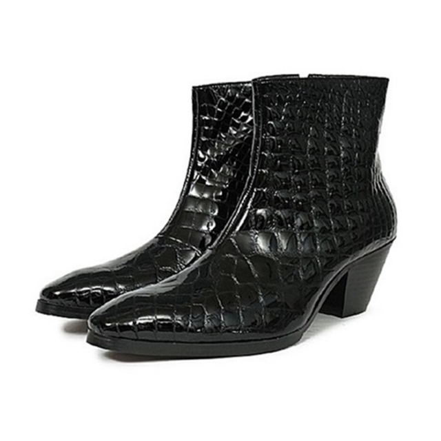 For men, 5087 black snake leather pattern cowhide, inward zipper, 7cm high-heel, handmade western ankle boots