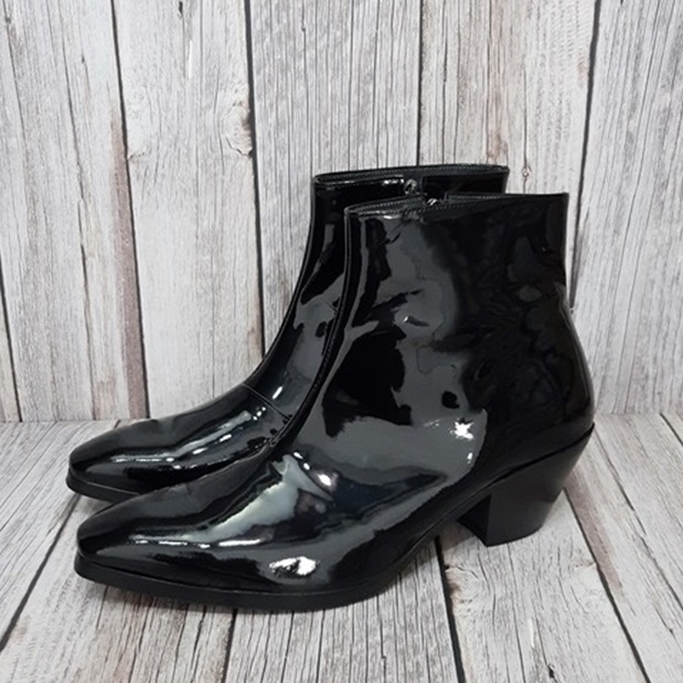 For men, 5087 cowhide black glossy leather, inward zipper, 7cm high-heel, handmade western ankle boots