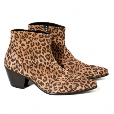 For men, 5044-1 leopard leather pattern cowhide, inward zipper, pumps 7cm high-heel, handmade western ankle boots