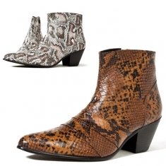 For men, 5044-1 snake leather pattern cowhide, inward zipper, pumps 7cm high-heel, handmade western ankle boots, 2 colors