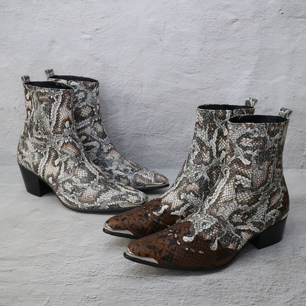 For men, 4714 grey snake leather pattern cowhide, pumps 7cm high-heel, handmade western boots, 2 types