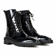 For men, N1090 cowhide black box calf leather, inward zipper, regal wing tip, lace-up, handmade combat ankle boots