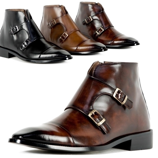 For men, X305(6105) cowhide box calf leather, double-monk strap buckled, inward zipper, handmade short ankle boots, 3 colors