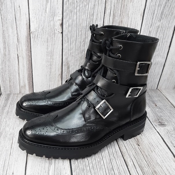 For men, A5069 black meridian cowhide, inward zipper, 3 buckle, lace up, sponge-compressed outsole, handmade combat ankle boots