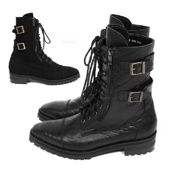 For men, 5038(0403) black cowhide leather, outward zipper, two vintage buckle ornament, straight toe, lace-up, handmade combat ankle boots, 2 types