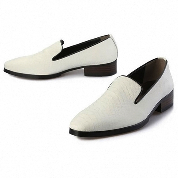 For men, 5076 white anaconda leather pattern cowhide, plain toe, handmade loafers