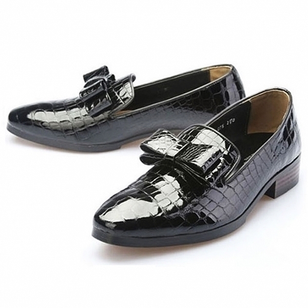 For men, 5075 black snake leather pattern cowhide, double-ribbon, plain toe, handmade loafers