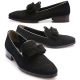 For men, 5075 cowhide black suede, double-ribbon, plain toe, handmade loafers