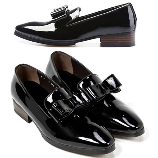 For men, 5075 black glossy cowhide, double-ribbon, plain toe, handmade loafers