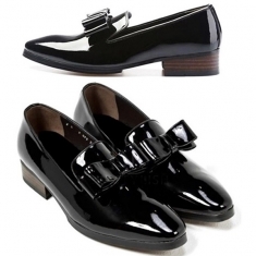 For men, 5075 black glossy cowhide, double-ribbon, plain toe, handmade loafers