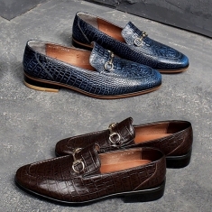 For men, N234 crocodile leather pattern cowhide, horse-bit ornament, u-tip, handmade loafers, 2 colors