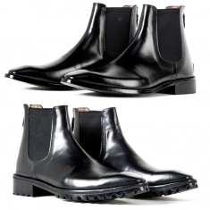 For men, D305 cowhide black box calf leather, back zipper, plain toe, handmade ankle chelsea boots, 2 outsole types