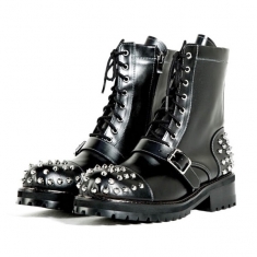 For men, A5149 black cowhide, inward zipper, single strap buckled, stud, straight toe, lace-up, thick commando sole, handmade combat ankle boots