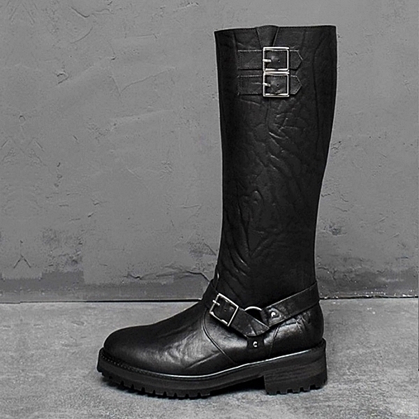 A5052 black elephant leather pattern cowhide, plain toe, thick commando outsole, handmade engineer long boots