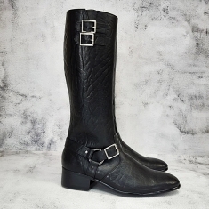 For men, A5052 black elephant leather pattern cowhide, plain toe, rubber spike outsole, handmade engineer long boots