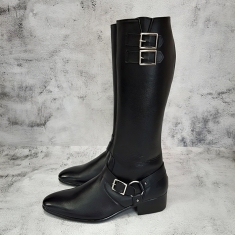 For men, A5052 black cowhide box calf leather, plain toe, rubber spike outsole, handmade engineer long boots