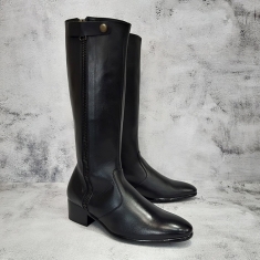 For men, A5066 black cowhide box calf leather, outward zipper, plain toe, rubber spike outsole, handmade riding long boots