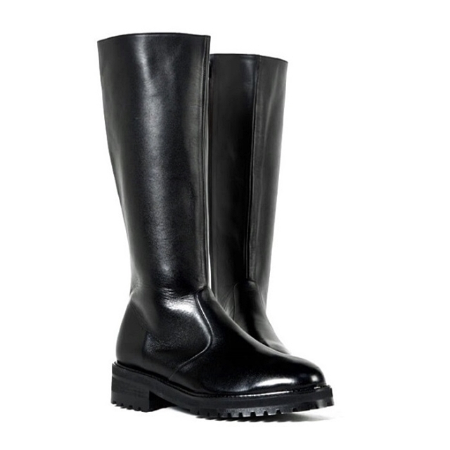 For men, A5066 black cowhide box calf leather, inward zipper, plain toe, thick commando outsole, handmade long boots