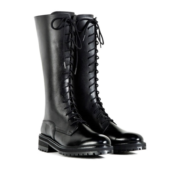 For men, A5027 black cowhide box calf leather, back zipper, lace-up, plain toe, thick commando outsole, handmade long boots