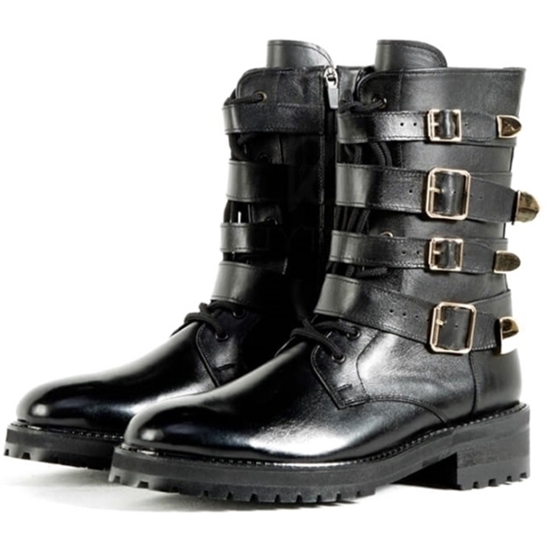 For men, A5130 black cowhide calf leather, inward zipper, gold multi-buckle, plain toe, lace-up, handmade combat combat ankle boots