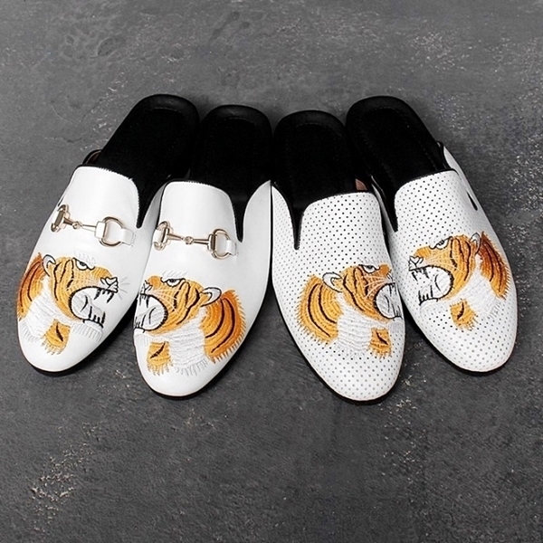 For men, N2100 white cowhide leather, tiger embroidery, handmade bloafers, 2 types