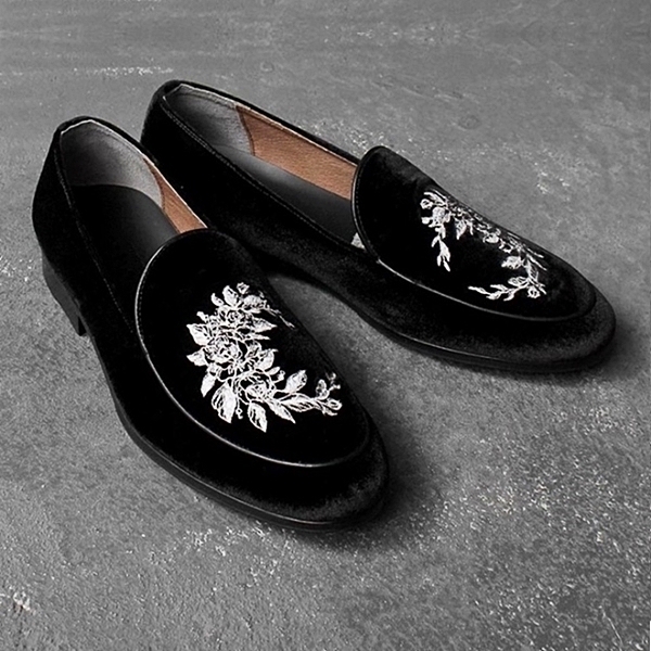 For men, N234 black high-end velvet, white laurel embroidery, u-tip, handmade loafers