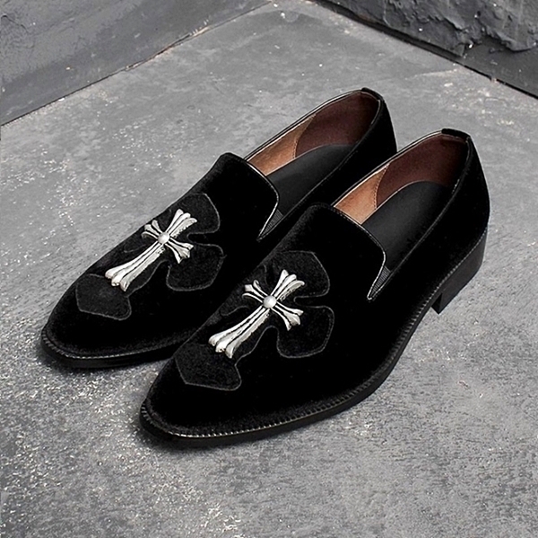 For men, N933 black high-end velvet, antic cross ornament, handmade loafers