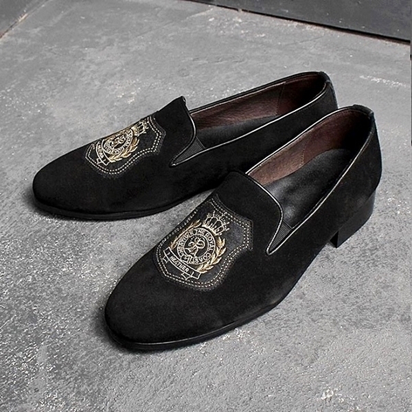 For men, N233 black sheep skin suede, crown embroidery patch, handmade loafers