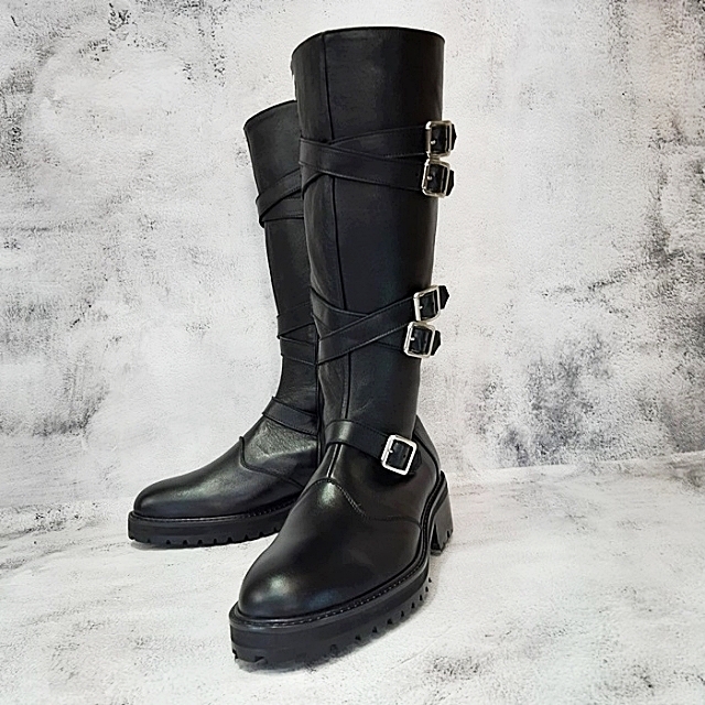 For men, A4900 black meridian cowhide, cross buckle wrap belted, plain toe, thick commando outsole, handmade long boots