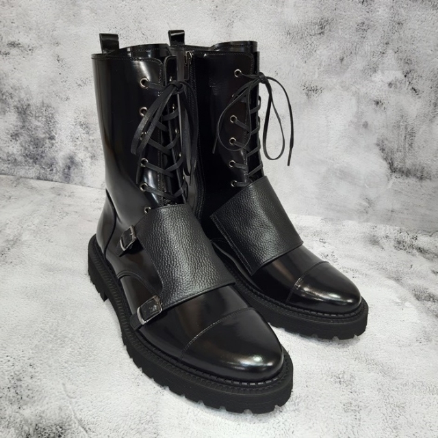 For men, N5566(5562) black cowhide leather combination, double-monk guards, inward zipper, straight toe, handmade combat ankle boots