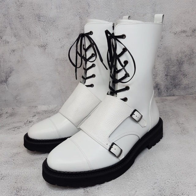 For men, N5566(5562) white cowhide leather combination, double-monk guards, inward zipper, straight toe, handmade combat ankle boots