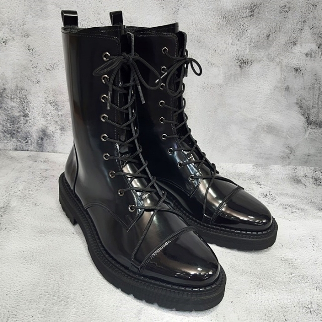 For men, N5560 black cowhide box calf and patent leather combination, inward zipper, handmade combat ankle boots