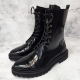 For men, N5560 black cowhide box calf and double patent leather band combination, inward zipper, handmade combat ankle boots