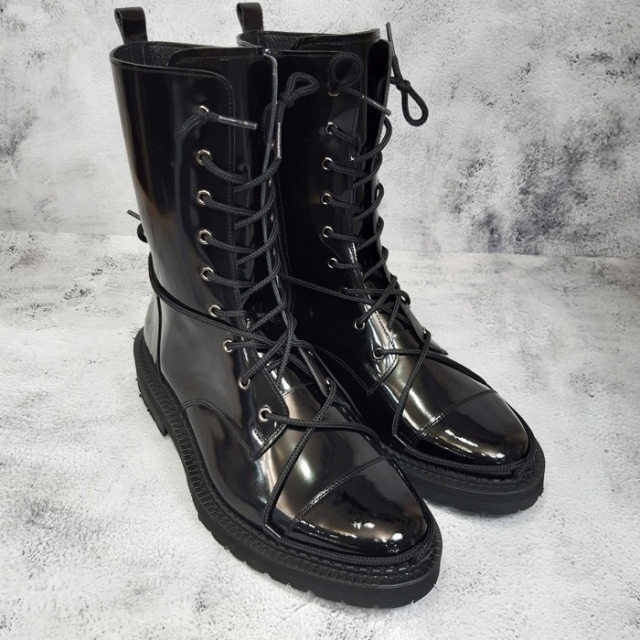 For men, N5560 black cowhide box calf and patent leather combination, inward zipper, modified lace-up, handmade combat ankle boots