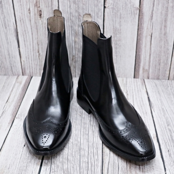 For men, E305 cowhide black box calf leather, no zipper(option), regal wing tip, regular sole, handmade ankle chelsea boots