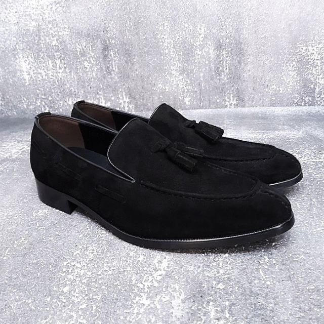 For men, N923 black sheep skin suede, u-tip, handmade slip-on tassel loafers