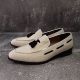 For men, N923 white beige-colored sheep skin suede, black tassel combination, u-tip, handmade loafers