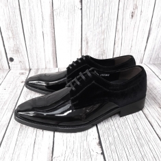 For men, N1003 black cowhide patent leather and high-end velvet combination, plain toe, lace-up, handmade dress shoes