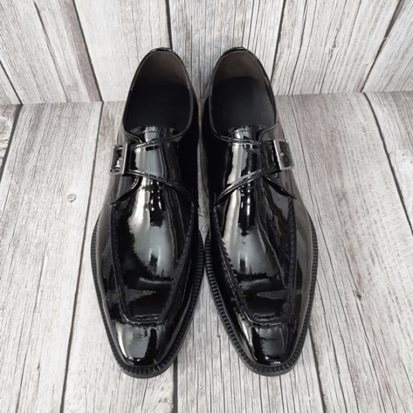 For men, N6205 black cowhide patent, u-tip, single-monk strap, handmade dress shoes