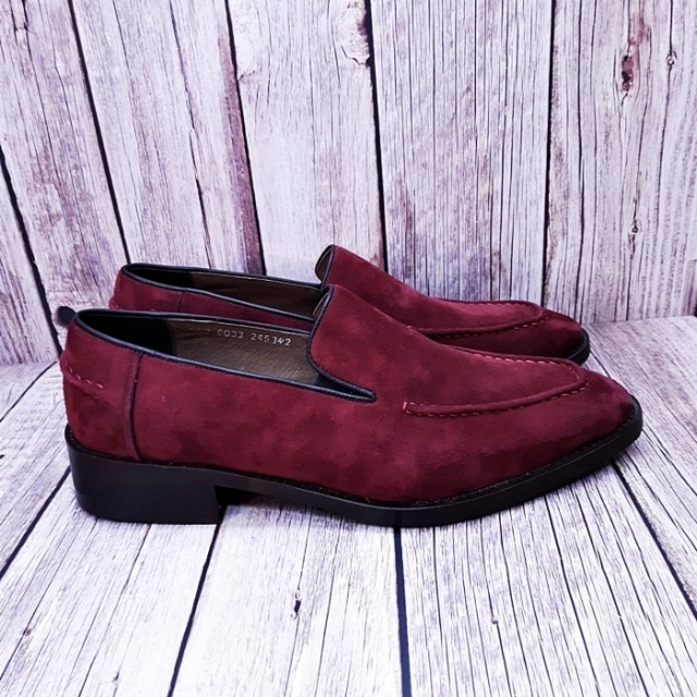 For men, N6033 blood-colored sheep skin suede, u-tip, handmade loafers