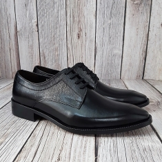 For men, N1003 black kip and comb pattern cowhide leather combination, lace-up, plain toe, handmade dress shoes