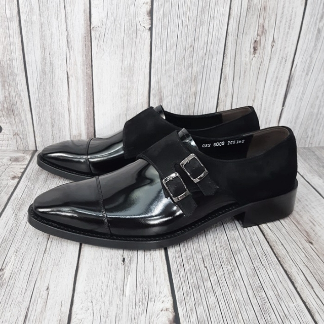 For men, N6009 black cowhide kip and suede combination, straight toe, double-monk strap, handmade dress shoes