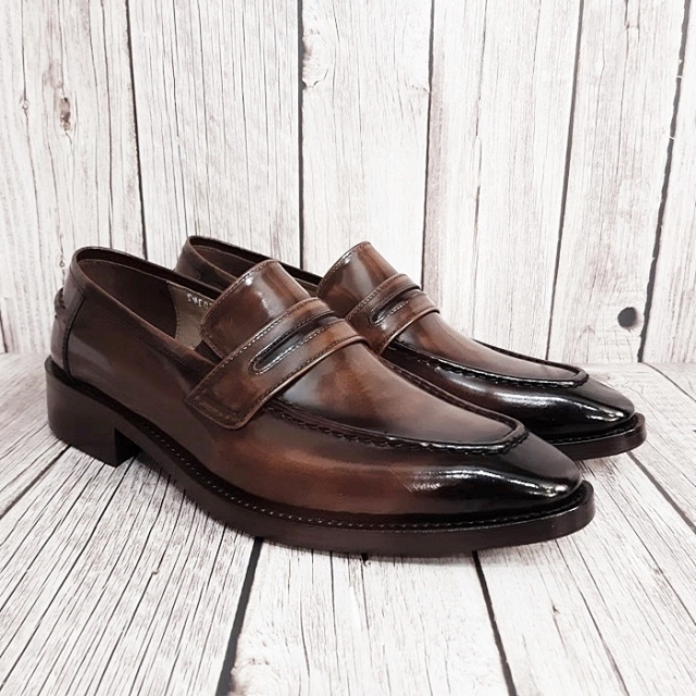 For men, N6033 deep brown cowhide advan leather, u-tip, straight pattern, handmade slip-on penny loafers